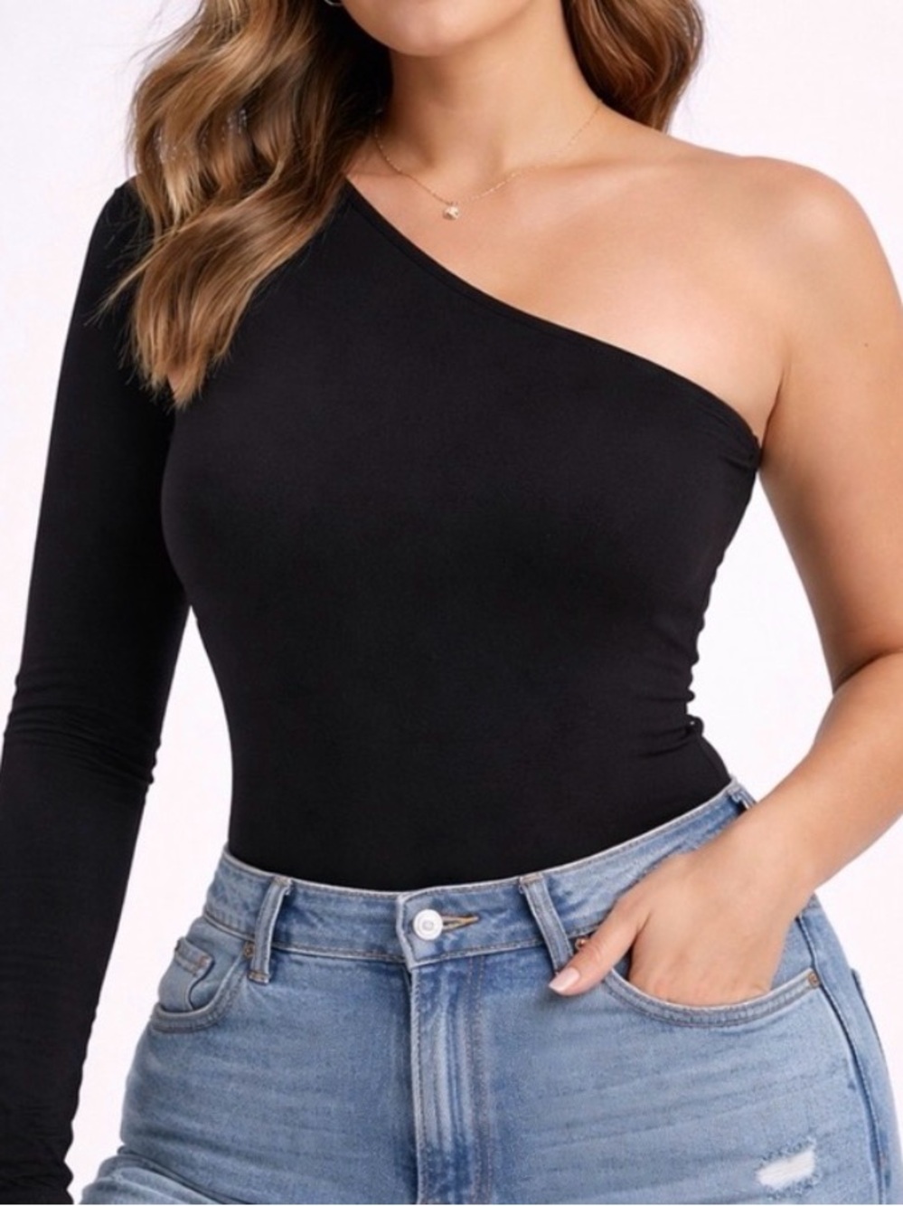 Nylon Apparel One Shoulder Bodysuit Black Long Sleeve women’s Size S USA (A445)✨